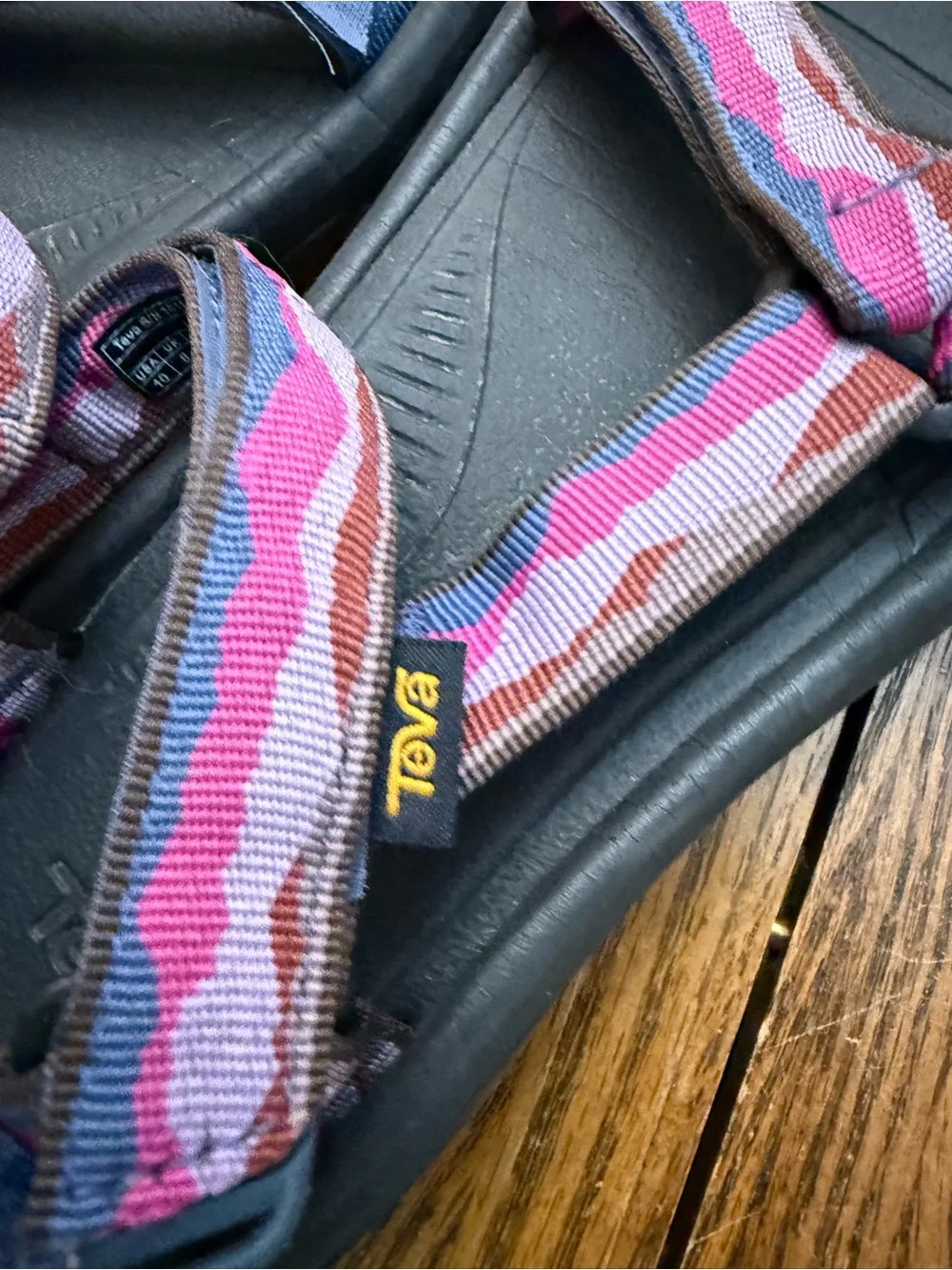 Teva Black Sandal with Pink and Gray Patterned Straps